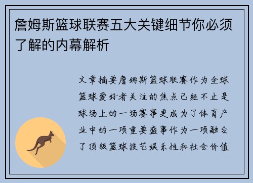 詹姆斯篮球联赛五大关键细节你必须了解的内幕解析